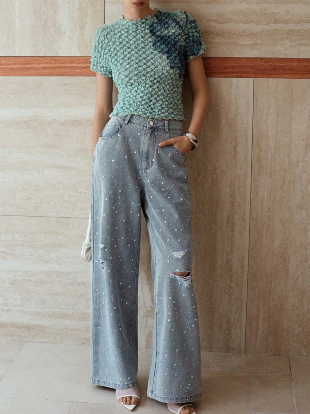 Silver Rhinestone Ripped Wide Leg Jeans - Picture 6 of 6
